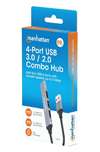 Manhattan Hub 4-Port, 1xUSB 3.0, 3xUSB2.0, sivi